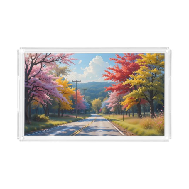 Pastel Autumn Country Road Watercolor Acrylic Tray (Front)