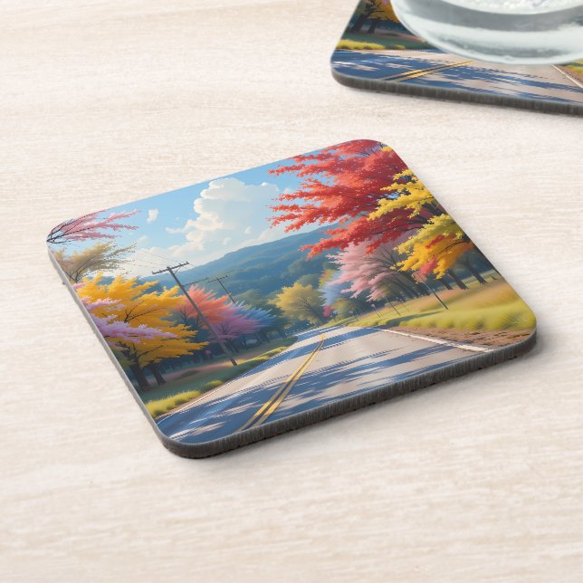 Pastel Autumn Country Road Watercolor Beverage Coaster (Left Side)
