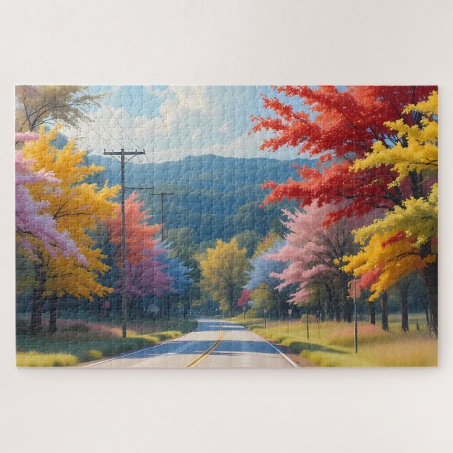 Pastel Autumn Country Road Watercolor Jigsaw Puzzle (Horizontal)