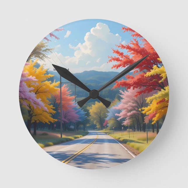 Pastel Autumn Country Road Watercolor Round Clock (Front)
