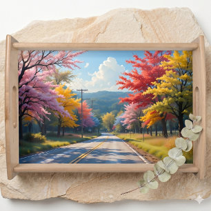Pastel Autumn Country Road Watercolor Serving Tray