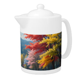 Pastel Autumn Country Road Watercolor Teapot