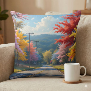 Pastel Autumn Country Road Watercolor Throw Pillow