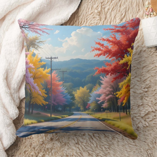Pastel Autumn Country Road Watercolor Throw Pillow (Blanket)