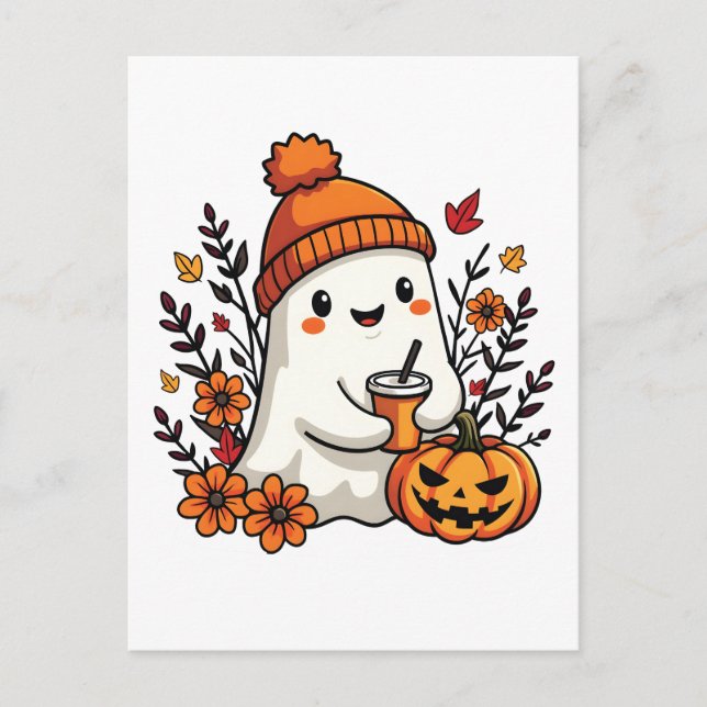 Pastel Autumn Kawaii Ghost Fall Pumpkin Spice   Postcard (Front)