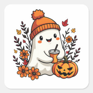 Pastel Autumn Kawaii Ghost Fall Pumpkin Spice Square Sticker