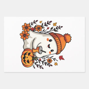 Pastel Autumn Kawaii Ghost Fall Pumpkin Spice Wrapping Paper Sheets
