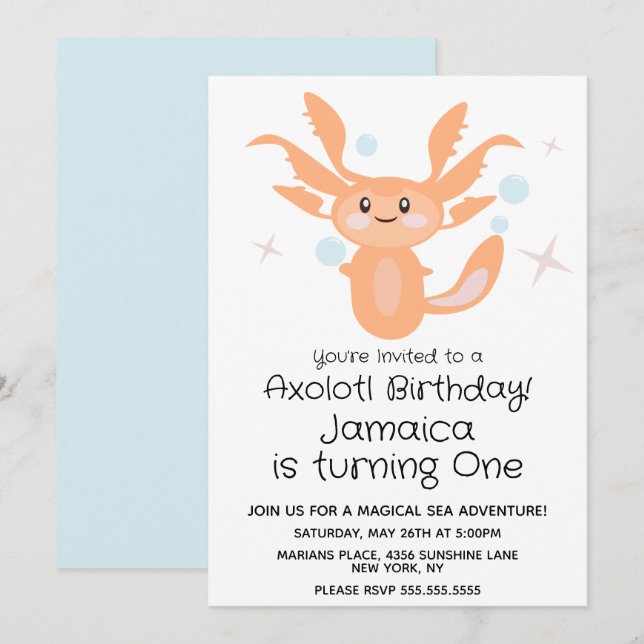 Pastel Axolotl Ocean Creature 1st Birthday Party  Invitation (Front/Back)