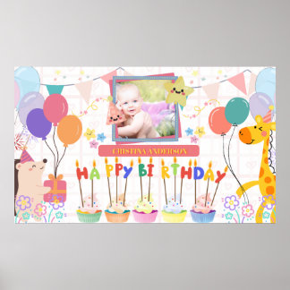 Pastel Baby Birthday Animals Cute, Photo & Name Poster