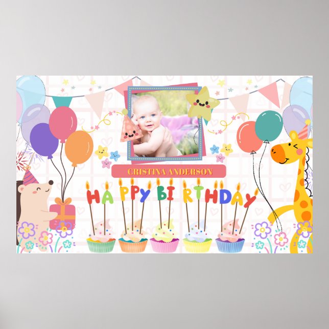 Pastel Baby Birthday Animals Cute, Photo & Name Poster (Front)