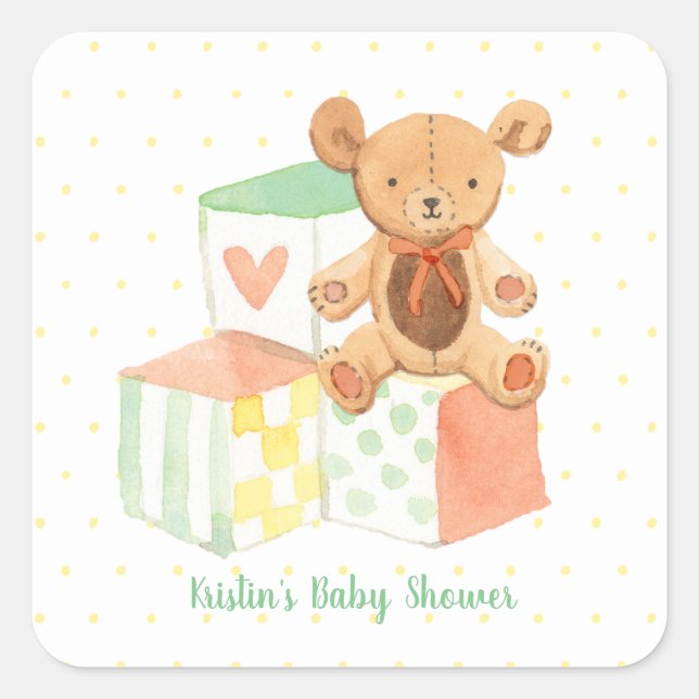 Pastel Baby Blocks and Teddy Bear Square Sticker (Front)