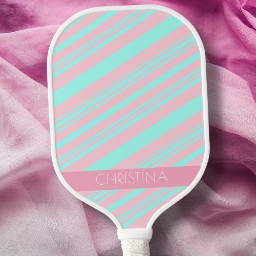 Pastel Baby Blue and Soft Pink Stripes Custom Name Pickleball Paddle