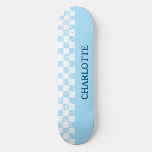 Pastel Baby Blue Chequered  Skateboard (Front)