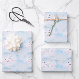 Pastel Baby Blue Clouds on Blue Wrapping Paper Sheets