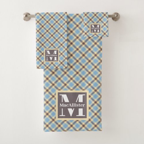 Pastel Baby Blue Cream Retro Plaid Monogram Name Bath Towel Set