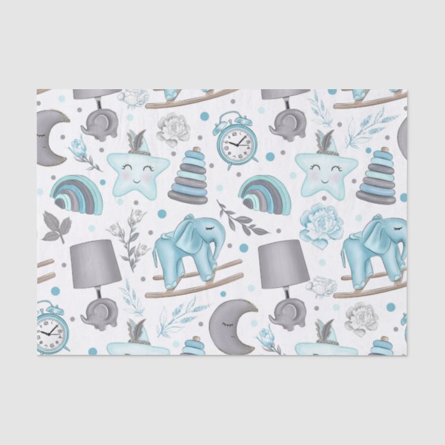 PASTEL BABY BLUE & GRAY ITEMS TOYS ELEPHANTS TISSUE PAPER (Front)