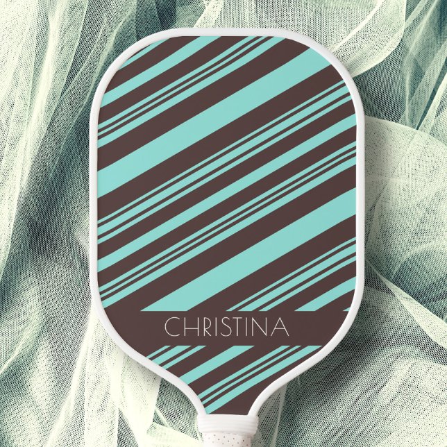 Pastel Baby Blue & Latte Brown Stripes Custom Name Pickleball Paddle (Creator Uploaded)