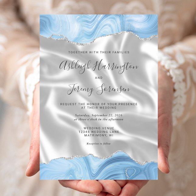 Pastel Baby Blue Silver Agate White Silk Wedding Invitation (Creator Uploaded)