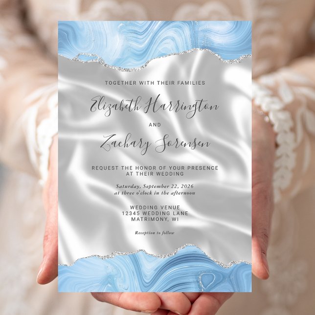 Pastel Baby Blue Silver Agate White Silk Wedding Invitation (Creator Uploaded)