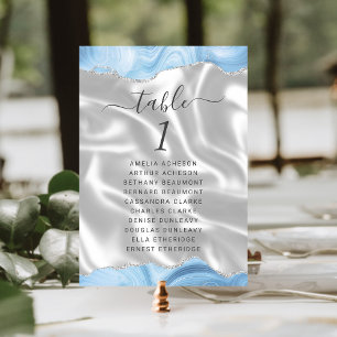 Pastel Baby Blue Silver Agate White Silk Wedding Table Number