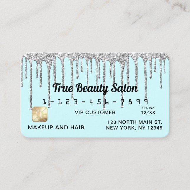 Pastel Baby Blue Silver Glitter Drips Credit Business Card (Front)