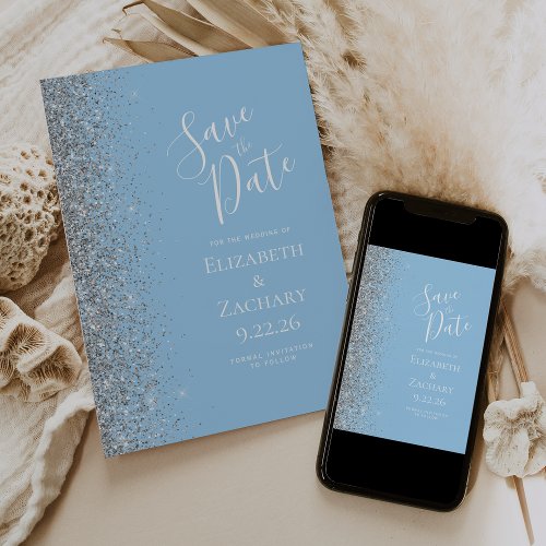 Pastel Baby Blue Silver Glitter Save the Date Announcement