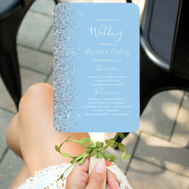 Pastel Baby Blue Silver Glitter Wedding Program Hand Fan (Creator Uploaded)