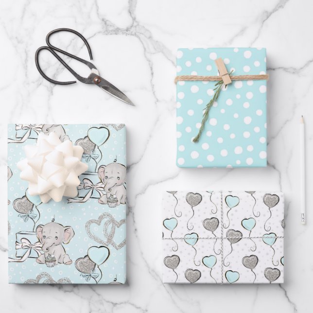 Pastel Baby Boy Cute Elephant  Wrapping Paper Sheets (Front)