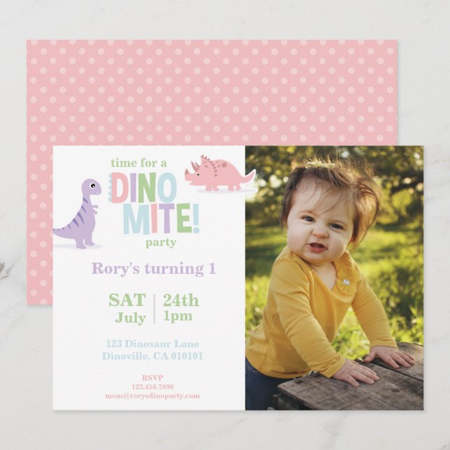 Pastel Baby Dinosaur Kids Photo Birthday Party Holiday Card (Front/Back)