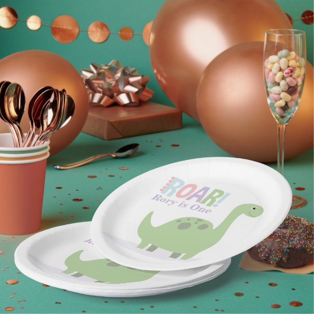 Pastel Baby Dinosaurs Roar Birthday Party Paper Plates (Multi)