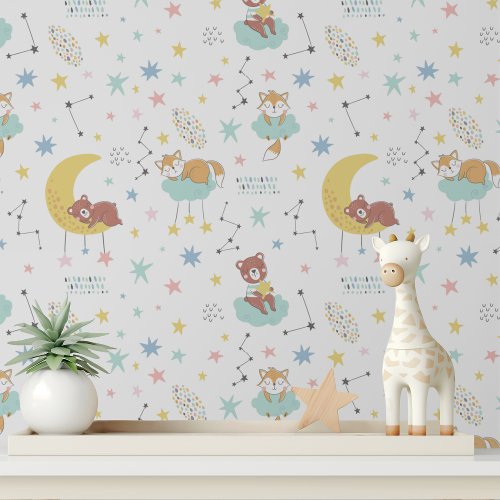 Pastel Baby Fox Bear Moon Stars Cute Kids Pattern Wallpaper