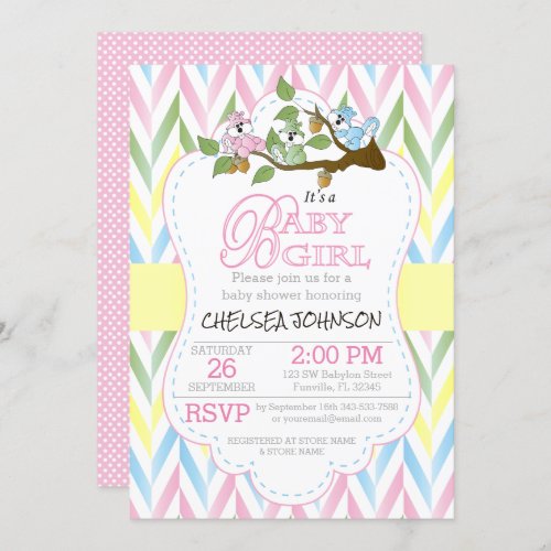 Pastel Baby Girl Squirrels  Baby Shower Invitation