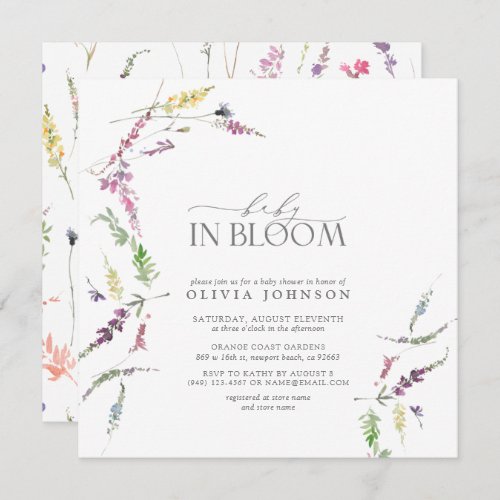 Pastel Baby in Bloom Script Floral Baby Shower Invitation - Create the perfect Baby in Bloom baby shower with this delicate, elegant, modern baby girl shower invitation, featuring hand painted watercolor wildflower artwork, hand lettered script typography, and elegant text. We hope you love it as much as we do! Contact designer for matching products. Copyright Elegant Invites, all rights reserved. 