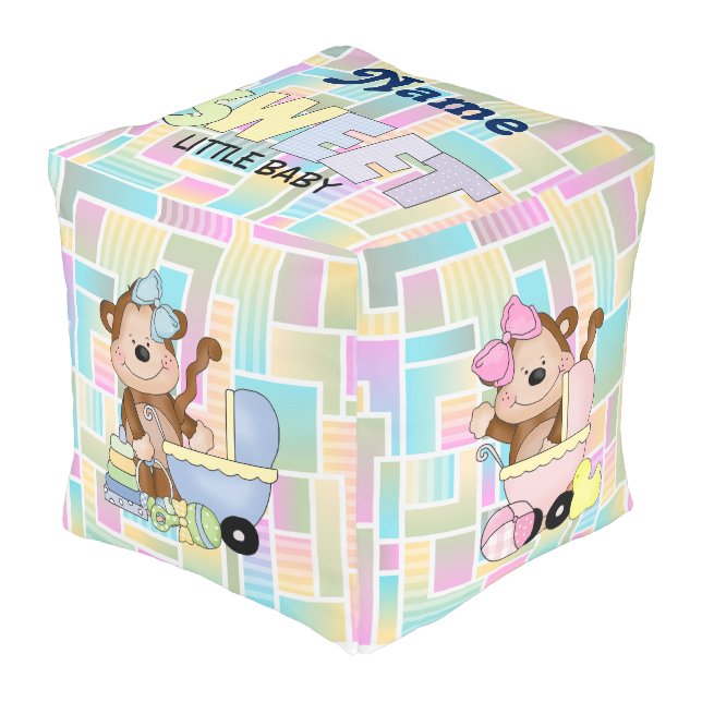 Pastel Baby Monkey Baby Nursery Pouf Pillow (Angled Front)