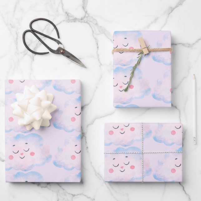 Pastel Baby Pink Clouds on Pink Wrapping Paper Sheets (Front)