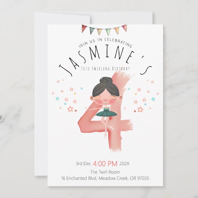 Pastel Ballerina 4th Birthday Girl  Invitation (Front)