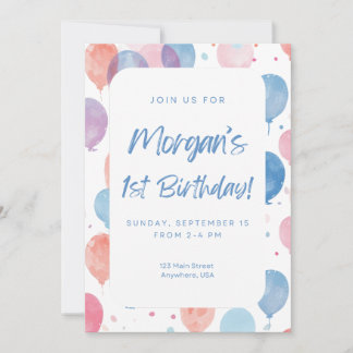 Pastel Balloon First Birthday Invitation