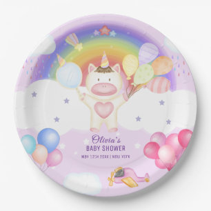 Pastel Balloon Unicorn Rainbow Baby Shower Paper Plates
