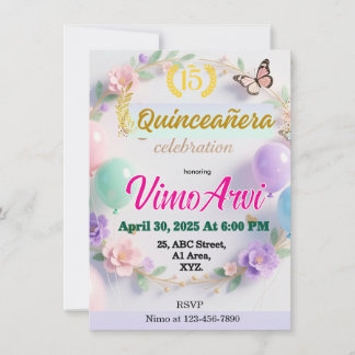 Pastel Balloons and Butterflies Quinceañera  Invitation