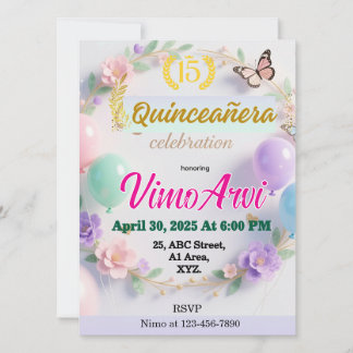 Pastel Balloons and Butterfly Quinceañera birthday Invitation