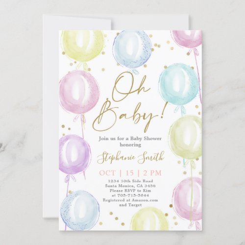 Pastel Balloons Baby Shower Invitation