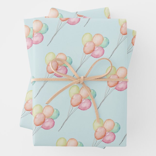 Pastel Balloons Blue Baby Shower Wrapping Paper Sheets (In situ)