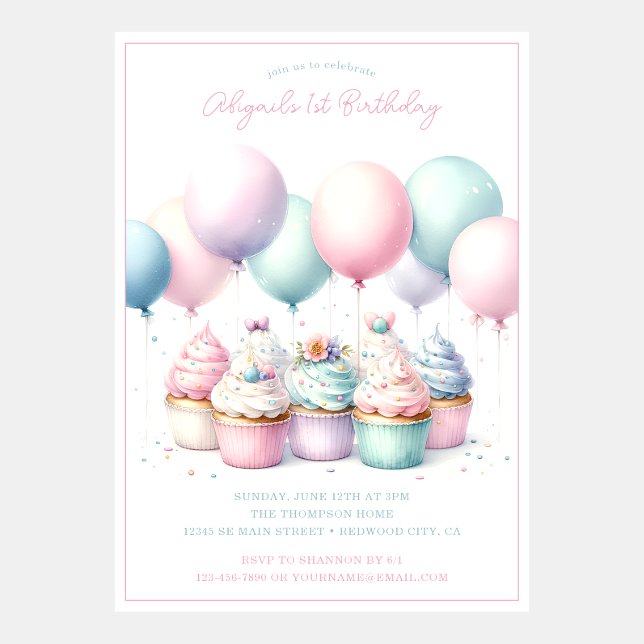 Pastel Balloons Cupcakes 1st Birthday Invitation (Front)