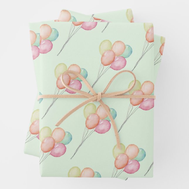 Pastel Balloons on Green Baby Shower  Wrapping Paper Sheets (In situ)
