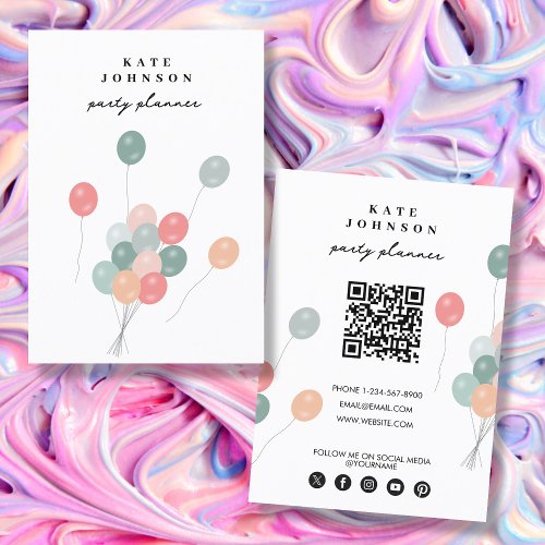 Pastel Balloons Party Planner QR Code Social Media Business Card