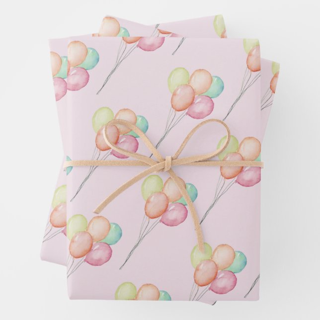 Pastel Balloons Pink Baby Shower Wrapping Paper Sheets (In situ)