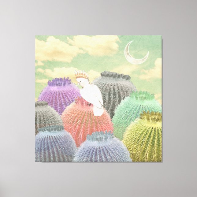 Pastel Barrel Cactus Parrot Moon sky Collage Canvas Print (Front)