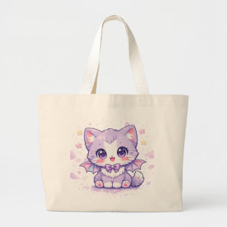 Pastel Bat Kitty Kawaii Lavender Winged Cat Large Tote Bag