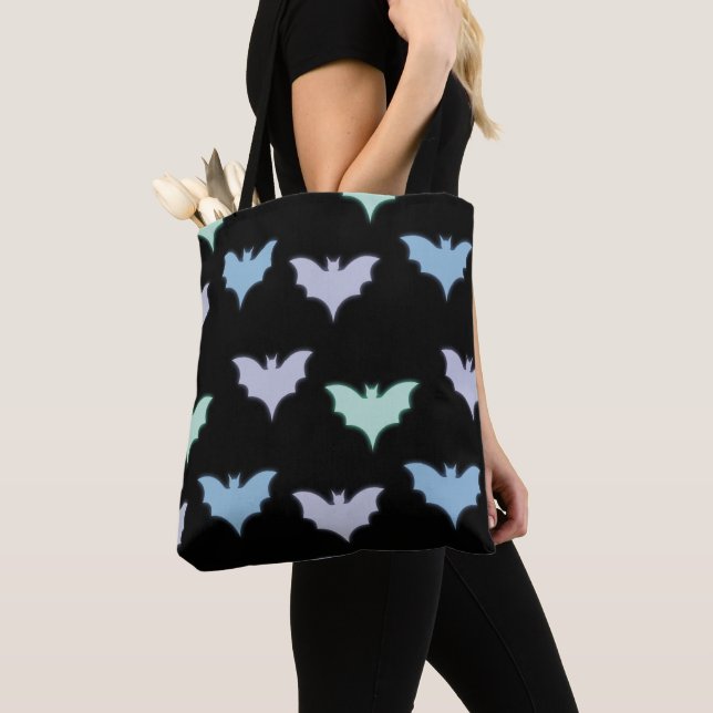 Pastel Bats Purple Blue Green Black Halloween Tote Bag (Close Up)