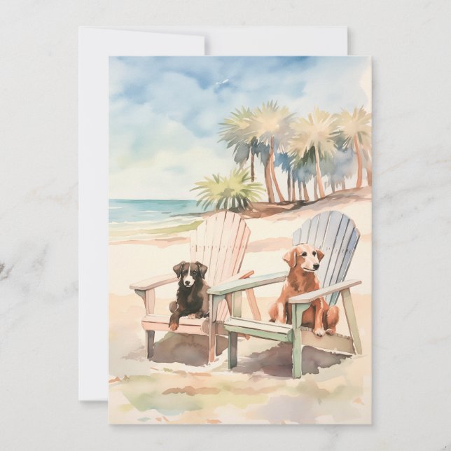 Pastel Beach Scene Dogs in Adirondack Chairs Holiday Card (Front)